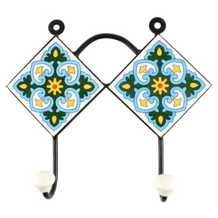 Turquoise Floral Ceramic Tile Hook